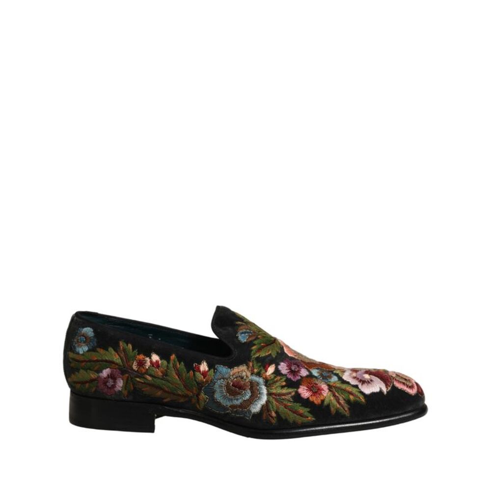 Dolce & Gabbana Black Velvet Floral Embroidery Loafers Men's Shoes